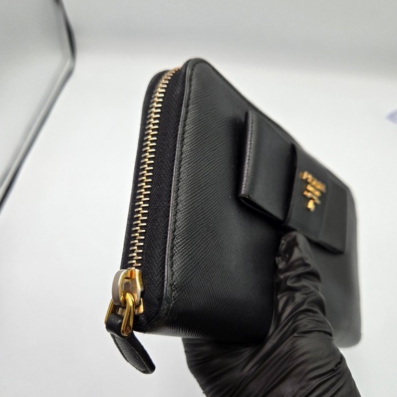 Prada Black Saffiano Leather Zip Around Continental Bow Wallet